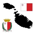 Malta map silhouette, Malta coat of arms, seal, national emblem. Vector Malta flag.