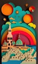 Malta, paper art collage, vibrant layered colored paper, travel card, AI generative