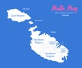Malta regions map whit names, blue background