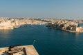 Malta, Valletta, August 2019. Cannon on the wall and harbor view.