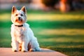 Maltese dog, pet, white maltese puppy in garden, generative ai, summeritme Royalty Free Stock Photo