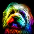 Maltese dog puppy in abstract, graphic highlighters lines rainbow ultra-bright neon artistic portrait