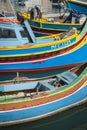 Maltese traditional painted luzzu boats in marsaxlokk fishing vi Royalty Free Stock Photo