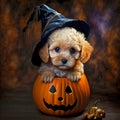 Cute Maltipoo Puppy on Halloween Wearing a Witches Hat - Ai Generative