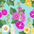 Malva Flower Seamless Pattern. Summer Floral Background with Flowers. Watercolor Blooming Design for Wallpaper, Fabric