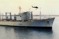 malvinas war-falksland-bahia san carlos british ship -royal navy-and helicopters landing on the islands july 1982 Royalty Free Stock Photo