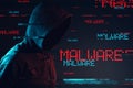 Malware concept with faceless hooded male person