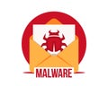 Malware by email vector icon. Virus in the letter. Virus, malware, email fraud, e-mail spam, phishing scam, hacker attack concept