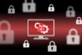 Malware, Ransomware and virus infected alert on red screen background