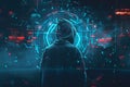 malware, technology, and programming concept showing a hacker using a laptop with a glowing blurry stock hologram. Royalty Free Stock Photo