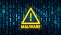 Malware warning sign against a backdrop of binary code, symbolizing digital threats Royalty Free Stock Photo