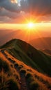 Mam Tor sunrise, golden light bathes hillside, path, stunning Royalty Free Stock Photo