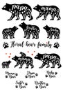 Mama bear, papa bear, baby bear, floral vector set