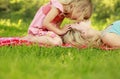 Mama and her little daughter lie on the grass Royalty Free Stock Photo