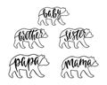 Mama, papa, baby, brother, sister bear. Hand drawn typography phrases with bear outline silhouettes. Royalty Free Stock Photo