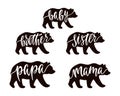 Mama, papa, baby, brother, sister bear. Hand drawn typography phrases