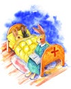 Mama-rabbit reads your children rabbit fairy book for the night. Watercolor illustration, drawn by hand