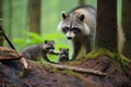 mama raccoon teaching her young ones to find food in a forest
