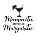 Mamacita needs a margarita calligraphy hand lettering. Funny drinking quote for Mexican holiday Cinco de Mayo. Vector