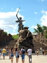 Mamayev Kurgan. The monument `Motherland Calls` and the sculpture `Stand to Death!` on the memory alley in the city of Volgograd.