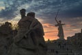 Volgograd, Russia - May, 3, 2019. Mamayev Kurgan. View of the statue Motherland and Soldier at sunset. Volgograd.