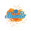 Mambo blue lettering on orange watercolor background