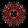 Mamdala. Ethnic style colorful floral mandala pattern with love hearts, swirls. Beautiful round ornament in black red white colors