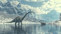 Mamenchisaurus dinosaur adults escort a Brachiosaurus walks alone. Generative Ai