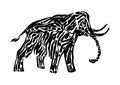 Mammoth animal decorative vector illustration painted by ink, hand drawn grunge cave painting, black isolated silhouette on white