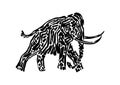 Mammoth animal decorative vector illustration painted by ink, hand drawn grunge cave painting, black isolated walking elephant