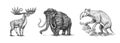 Mammoth or extinct elephant, Irish elk or Ground deer and Palorchestes. Marsupials of the family Palorchestidae. Vintage