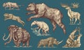 Mammoth or extinct elephant, Woolly rhinoceros Cave bear lion. Panthera Saber toothed tiger, Irish elk or deer, Ground