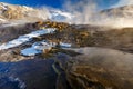 Mammoth Hot Springs with steamy terraces during winter snowy season in Yellowstone National Park, Wyoming