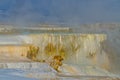 Mammoth hot springs terraces in the wintertime at Yellowstone National Park - beautiful steaming colorful travertine limestone ter