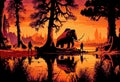 Mammoth hunting scene, at sunset by a lake.