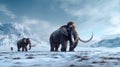 A mammoth walking with friends on snowy mountains in the background