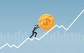 Businessman pushing golden dollar coin up over graph in flat icon design with chart and blue color background