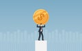 Businessman carrying golden dollar coin on shoulder in flat icon design with chart and blue color background