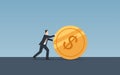 Businessman pushing golden dollar coin forward on floor in flat icon design with blue color background