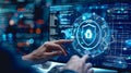 Man accessing a computer device with a protective shield against cyber threats ,