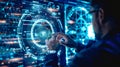 Man accessing a computer device with a protective shield against cyber threats ,
