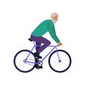 Man, active pensioners ride bicycles in park. Walking