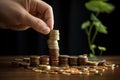 Man adding more money to already substantial piles of golden coins, symbolizing the decrease in purchasing power and the expansion