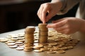 Man adding more money to already substantial piles of golden coins, symbolizing the decrease in purchasing power and the expansion