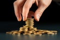 Man adding more money to already substantial piles of golden coins, symbolizing the decrease in purchasing power and the expansion