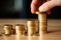 Man adding more money to already substantial piles of golden coins, symbolizing the decrease in purchasing power and the expansion