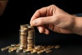 Man adding more money to already substantial piles of golden coins, symbolizing the decrease in purchasing power and the expansion