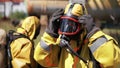 Man adjusting a gas mask. Clip. An employee who is wearing a gas mask and a yellow suit is an outdoor worker who is