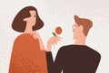 Man admirer giving red rose to attractive woman vector flat illustration. Enamored guy making present to lovely female Royalty Free Stock Photo