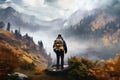 Man admiring beautiful foggy landscape in autumn mountains. Adventurous young man with backpack. Hiking and trekking on a nature Royalty Free Stock Photo